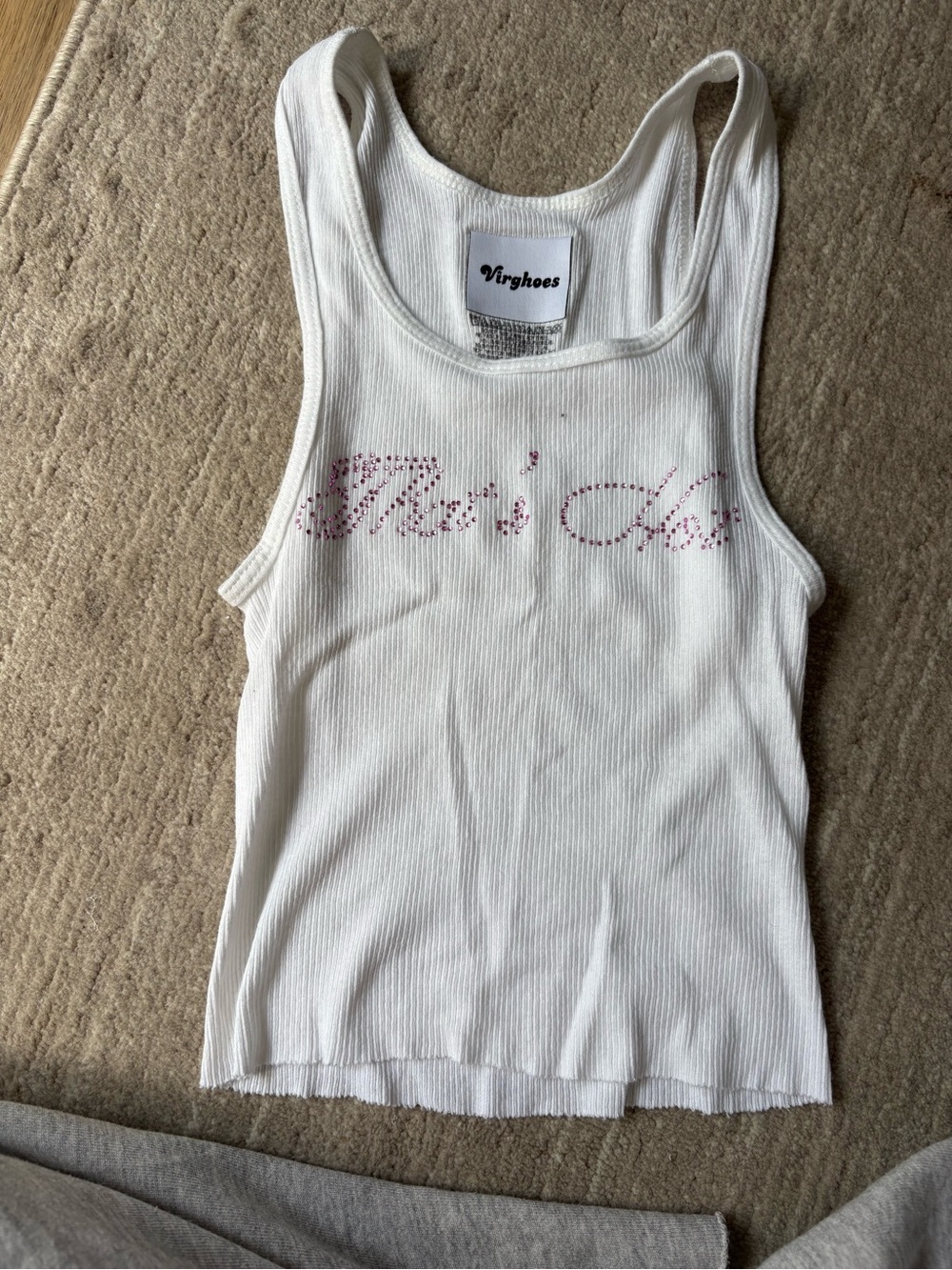White Ribbed Tank Top with Pink Rhinestone Script